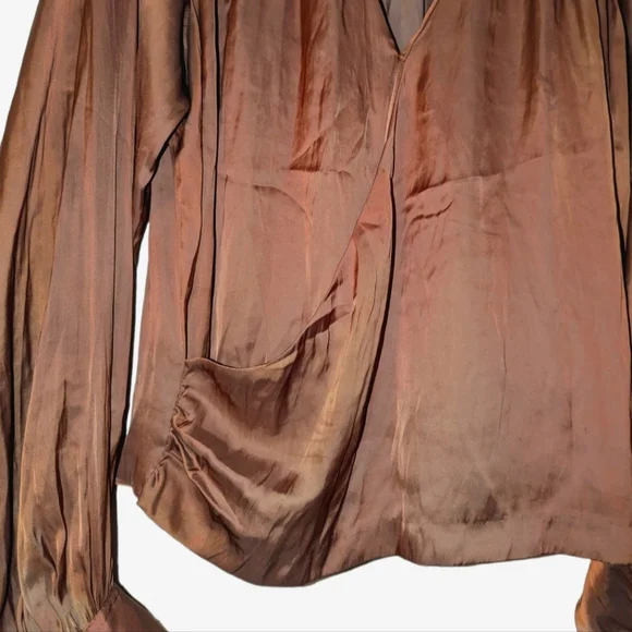 Frame Denim Satin Balloon Long Sleeve Wrap Front Blouson V-Neck Blouse Bronze XL - Picture 7 of 13